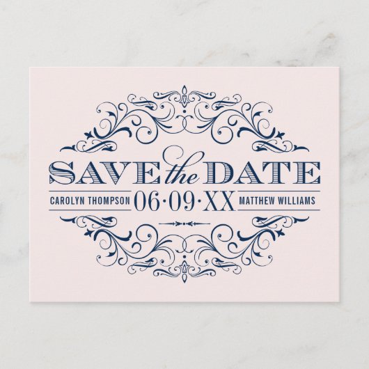  Bleke Roze Navy Flourish Save the Date Aankondigingskaart (Voorkant)