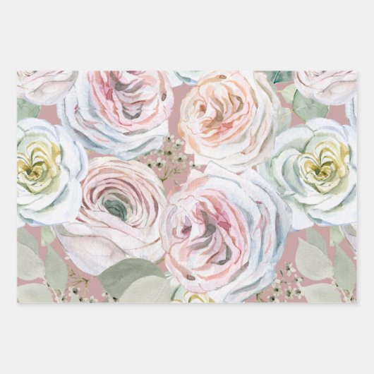 Bleke roze perzik waterverf rozen witte blos salie inpakpapier vel (Voorkant 3)