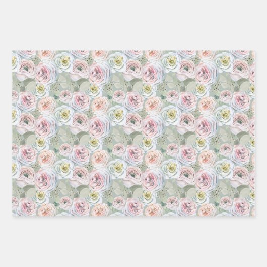 Bleke roze perzik waterverf rozen witte blos salie inpakpapier vel (Voorkant 2)