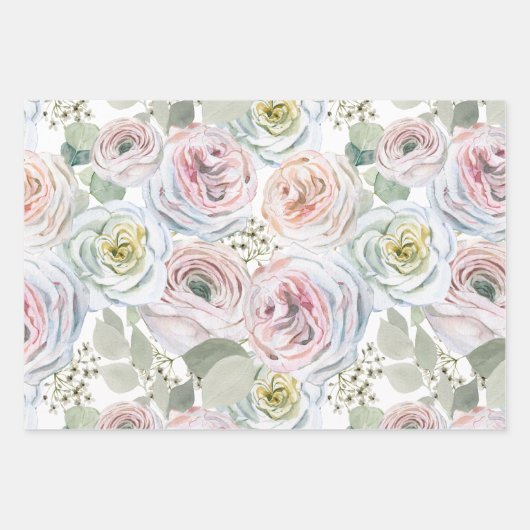 Bleke roze perzik waterverf rozen witte blos salie inpakpapier vel (Voorkant)