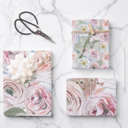 Bleke roze perzik waterverf rozen witte blos salie inpakpapier vel (Voorkant)