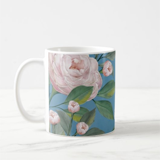 Bleke roze rozen met blauw marineachtergrond koffiemok (Links)