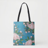 Bleke roze rozen met blauw marineachtergrond tote bag (Voorkant)