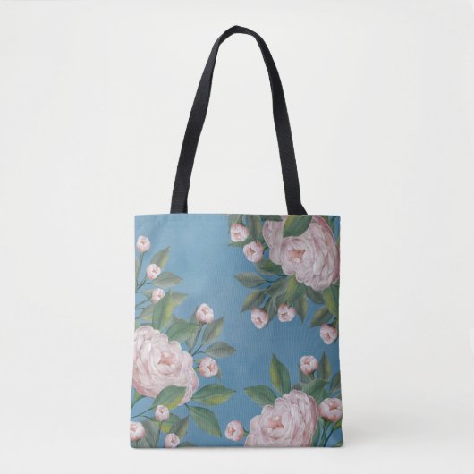 Bleke roze rozen met blauw marineachtergrond tote bag (Voorkant)