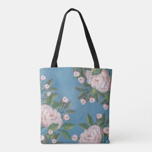 Bleke roze rozen met blauw marineachtergrond tote bag (Achterkant)
