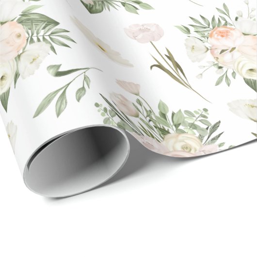 Bleke Roze Rozen Op Wit  Cadeaupapier (Rol Hoek)