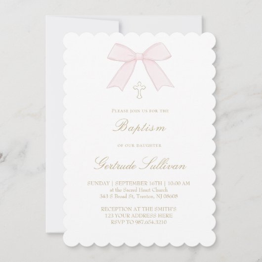 bleke roze strik | doop kaart (Voorkant)