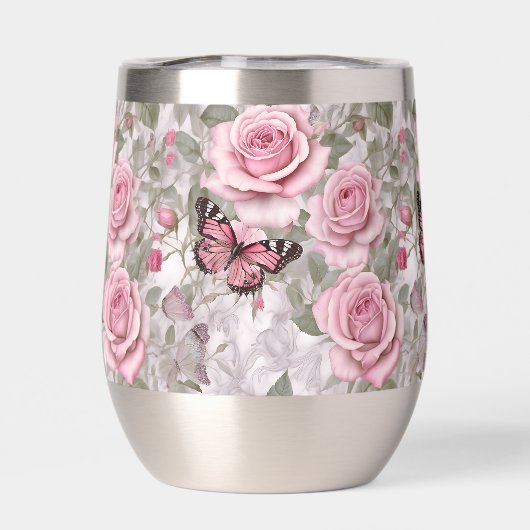 Bleke Roze Vlinders en Rozen Bloemen (Achterkant)