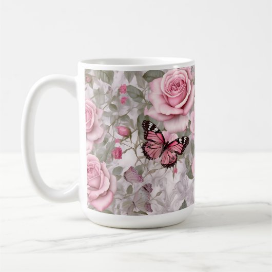 Bleke Roze Vlinders en Rozen Bloemen Koffiemok (Links)