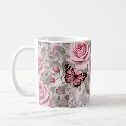Bleke Roze Vlinders en Rozen Bloemen Koffiemok (Links)