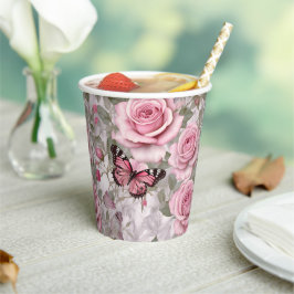 Bleke Roze Vlinders en Rozen Bloemen Papieren Bekers
