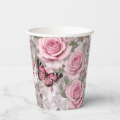 Bleke Roze Vlinders en Rozen Bloemen Papieren Bekers (Achterkant)