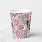 Bleke Roze Vlinders en Rozen Bloemen Papieren Bekers (Links)