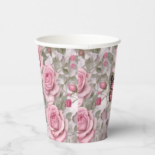 Bleke Roze Vlinders en Rozen Bloemen Papieren Bekers (Rechts)