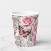 Bleke Roze Vlinders en Rozen Bloemen Papieren Bekers (Voorkant)