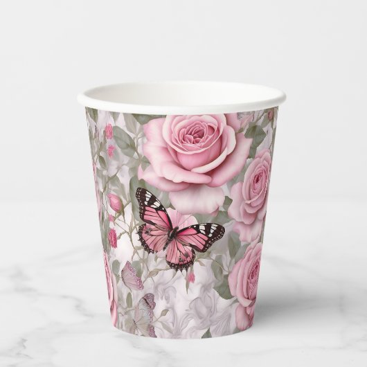 Bleke Roze Vlinders en Rozen Bloemen Papieren Bekers (Voorkant)