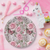 Bleke Roze Vlinders en Rozen Bloemen Papieren Bordje (Feest)