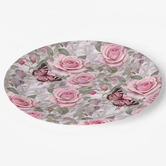 Bleke Roze Vlinders en Rozen Bloemen Papieren Bordje (Gekanteld)