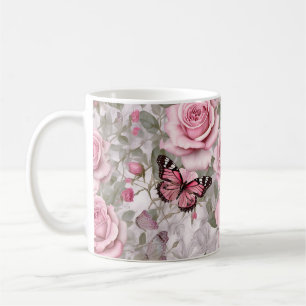 Bleke Roze Vlinders en Rozen Bloemstuk Koffiemok