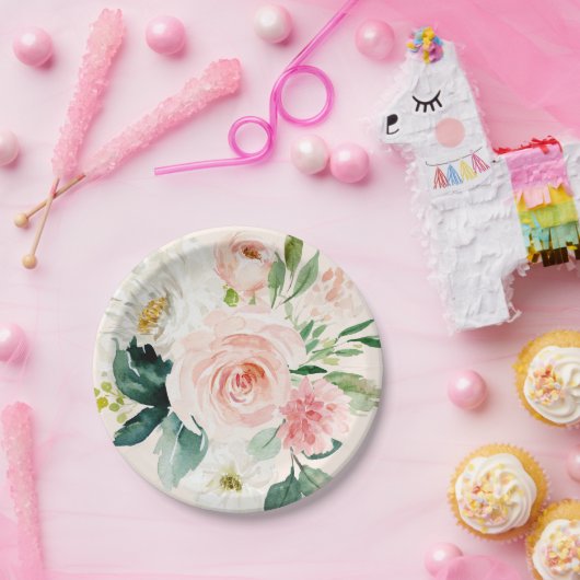 Bleke roze waterverf bloemig perzik elegant papieren bordje (Feest)