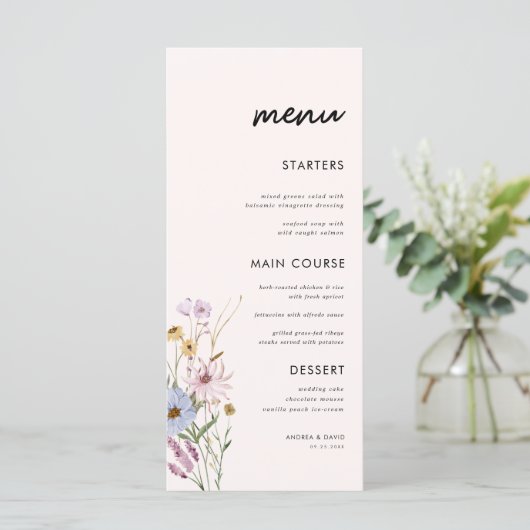 Bleke roze Waterverf Wilde bloemen Bindende Mannen Menu (Staand voorkant)