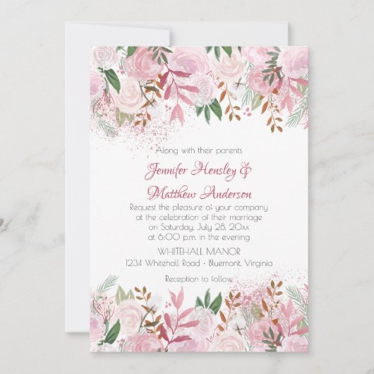 Bleke Rozen en groen Lente bruiloft Kaart (Voorkant)