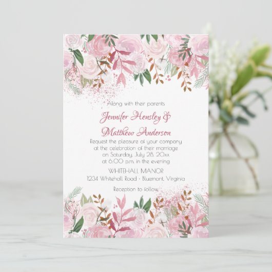 Bleke Rozen en groen Lente bruiloft Kaart (Staand voorkant)