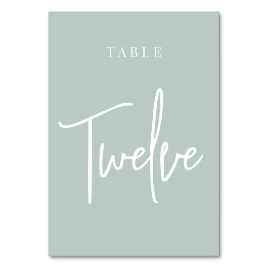 Bleke Sage Green Hand Scripted Table TWELVE Kaart (Voorkant)
