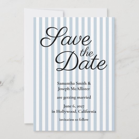 Bleke Stofblauwe en Witte Streep Save The Date (Voorkant)