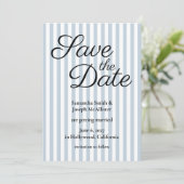 Bleke Stofblauwe en Witte Streep Save The Date (Staand voorkant)