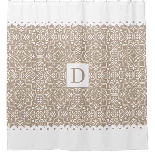 Bleke taupe damast wit geschulpte randen monogram douchegordijn (Voorkant)