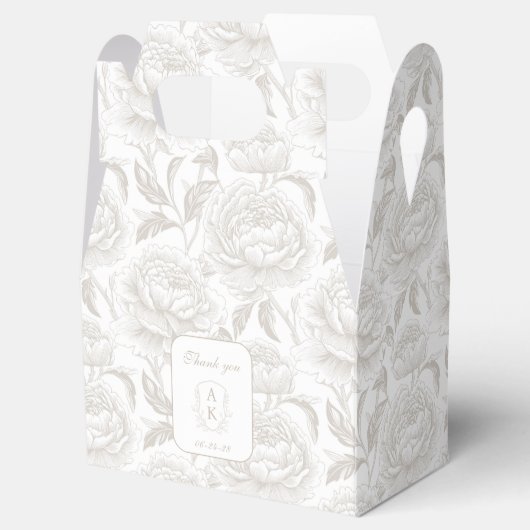 Bleke Taupe Monogram Crest Chinoiserie Peonies Bedankdoosjes (Geopend)