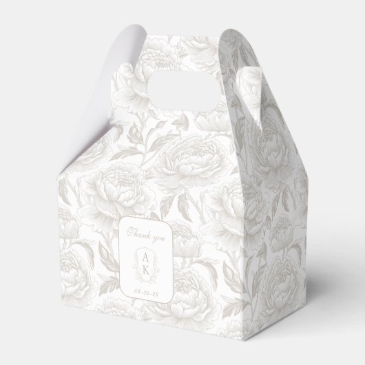 Bleke Taupe Monogram Crest Chinoiserie Peonies Bedankdoosjes (Voorkant Zijde)