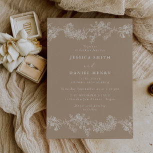  Bleke Taupe & Witte Bloemen Huwelijk Kaart