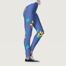 Bleke turquoise Leaves Yellow Flower Sketch Leggings