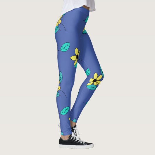 Bleke turquoise Leaves Yellow Flower Sketch Leggings (Rechts)