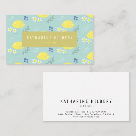 Bleke Turquoise Lemon Floral Pattern Visitekaartje (Voorkant / Achterkant)