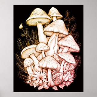 Bleke Vette Paddenstoelen op Zwarte Achtergrond op Poster