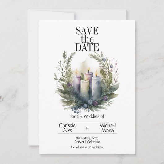 Bleke Violet Bloemenpastel met Trouwkaarsen Save The Date (Voorkant)