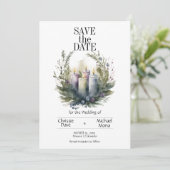 Bleke Violet Bloemenpastel met Trouwkaarsen Save The Date (Staand voorkant)
