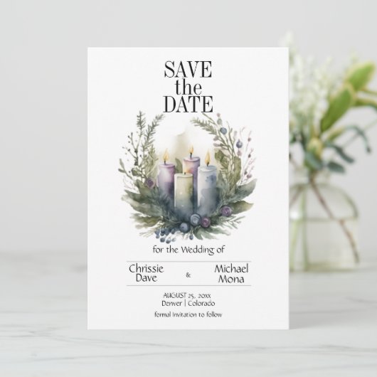 Bleke Violet Bloemenpastel met Trouwkaarsen Save The Date (Staand voorkant)