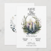 Bleke Violet Bloemenpastel met Trouwkaarsen Save The Date (Voorkant / Achterkant)