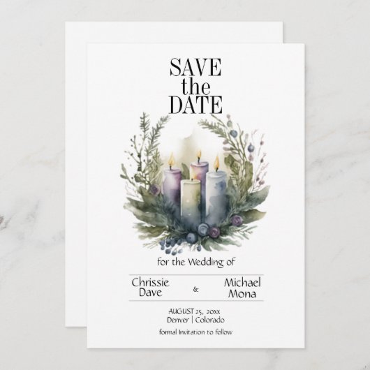 Bleke Violet Bloemenpastel met Trouwkaarsen Save The Date (Voorkant / Achterkant)