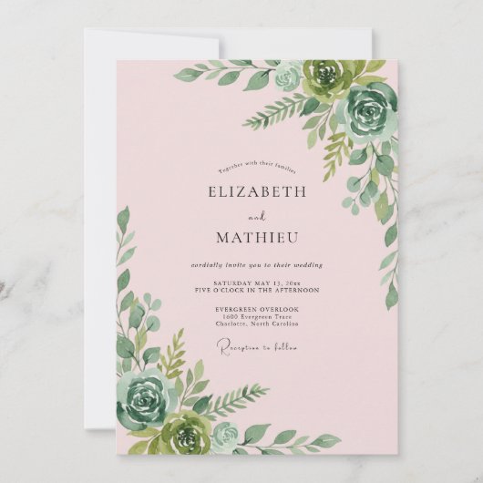 Bleke Zachte Roze Succulente Eucalyptus Bruiloft Kaart (Voorkant)