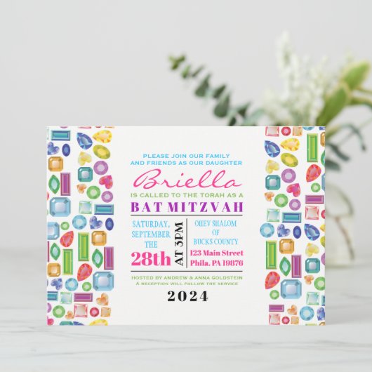 BLEMEN Gemstone Bat Mitzvah Uitnodiging (Staand voorkant)