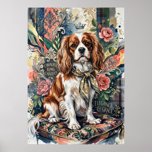 Blenheim Cavalier Bloemcollage Portret Poster (Voorkant)