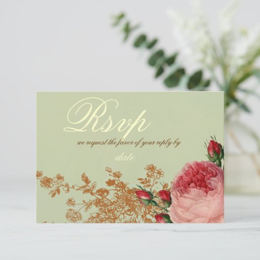 Blenheim Roos- Elegante Saliegroene RSVP Kaart (Staand voorkant)