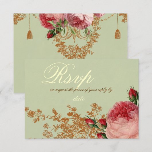 Blenheim Roos- Elegante Saliegroene RSVP Kaart (Voorkant / Achterkant)