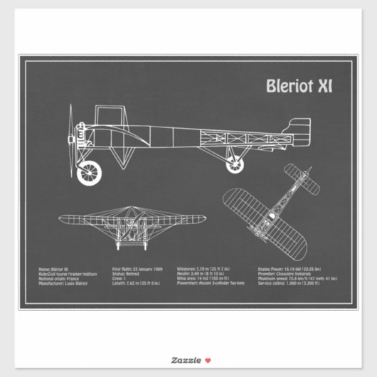 Bleriot XI - Vliegtuigblauwdruk Tekenplannen PD Sticker (Vel)