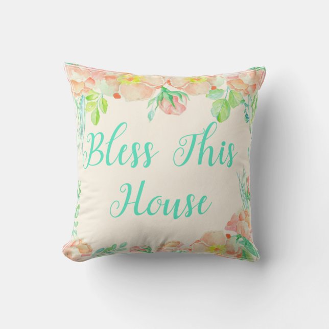 Bless Dit Huis Blauwgroen Koral Waterverf Floral Kussen (Voorkant)
